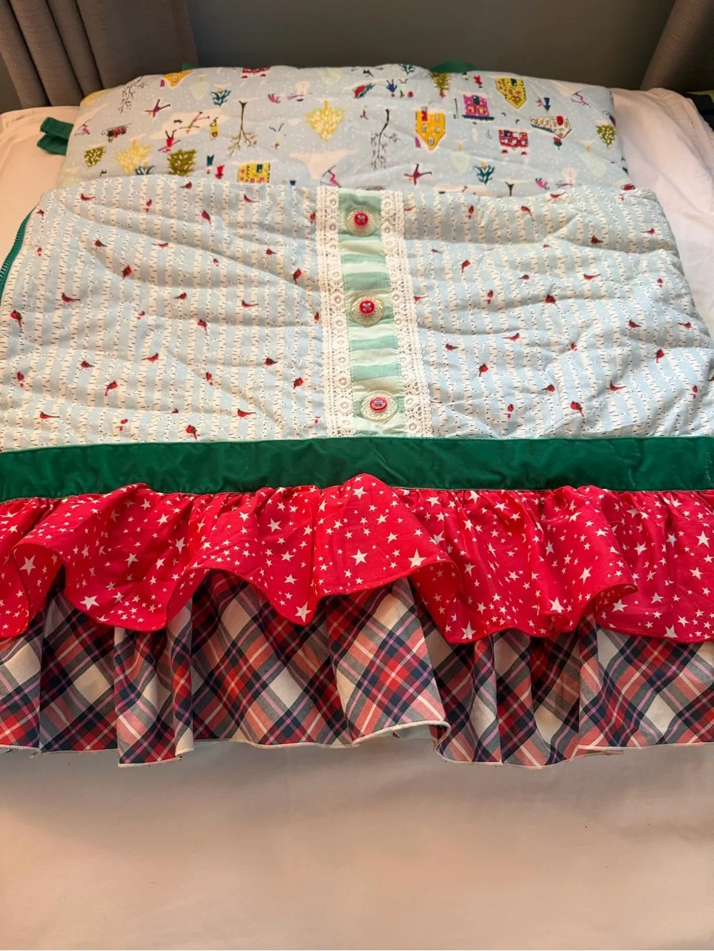 Matilda Jane Light Blue Holiday Village Sleeping Bag with Green Straps